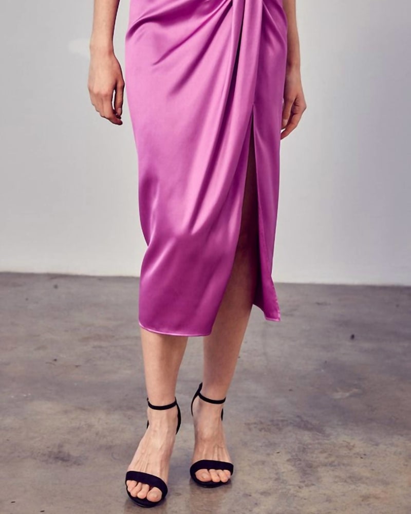 Front of a model wearing a size Large Draped Midi Skirt in Orchid in Orchid by Idem Ditto. | dia_product_style_image_id:339158